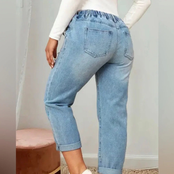 Drawstring High Waist Distress Jeans Fade Pants Pull On 2XL (14/16) Trendy NWT - Picture 8 of 14